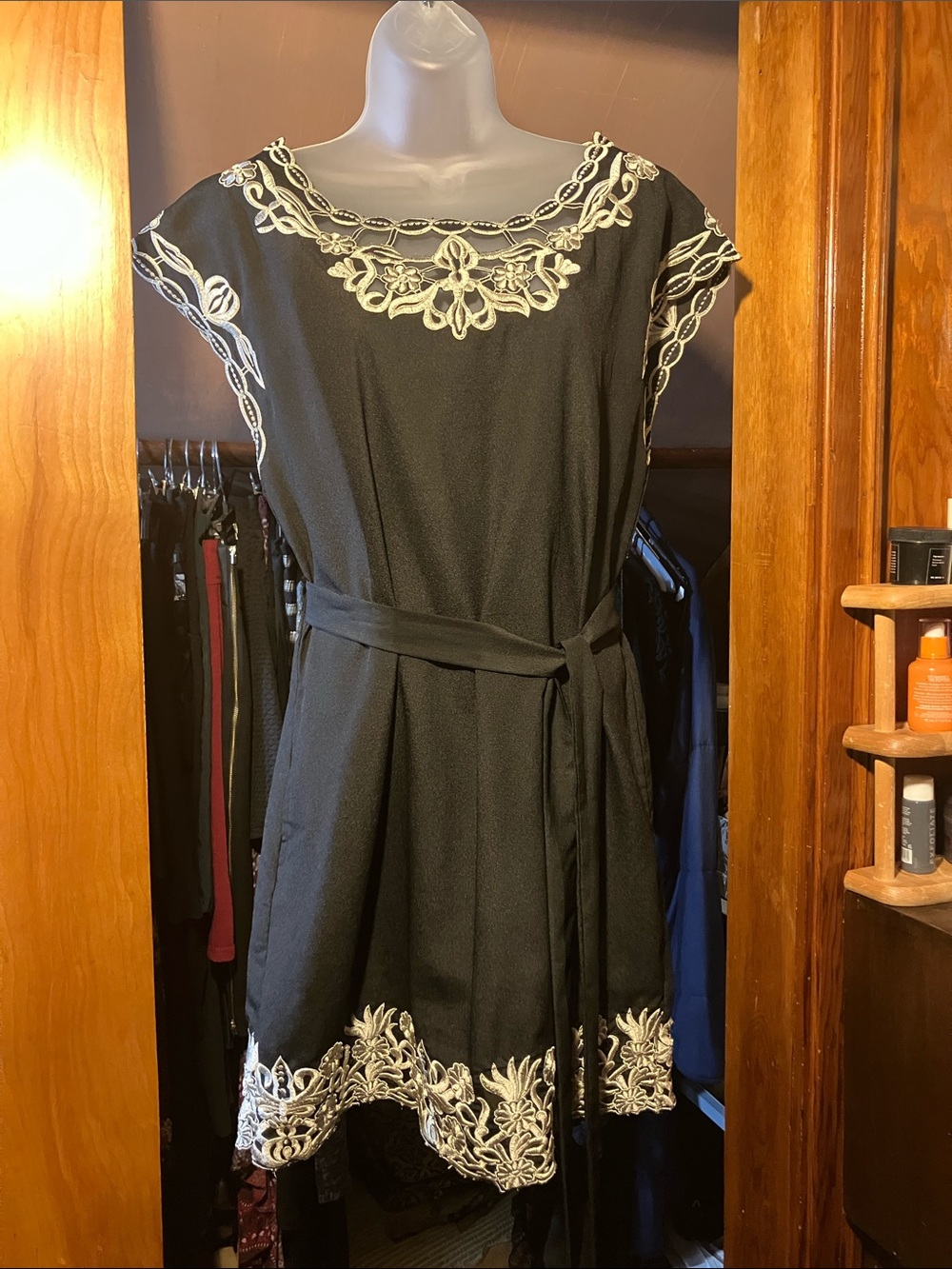 Sheer Black Dress with Creamy Silver Embroidered Trim - Women's Belted Dress